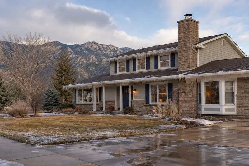 A 1970s two-story suburban house with stone accents on a thawing winter day with icicles at the eaves and a sandstone chimney with a spark arrestor cap; illustrative image