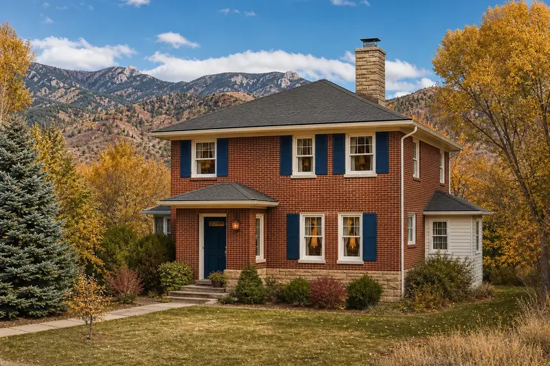 A 1950s red-brick foursquare house showing a stone-veneer chimney with a steel cap on an asphalt shingle roof rising above the roof; illustrative image