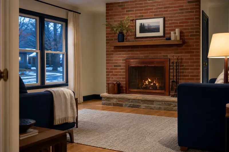 A living room with an open masonry wood-burning fireplace seen straight on, its opening, hearth and surround clear; illustrative image