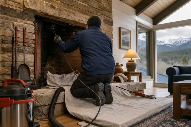 A technician feeding a rotary chimney brush up the flue of an open masonry wood-burning fireplace, drop cloths and a sealed vacuum on the hearth, the fireplace cold and unlit; illustrative image