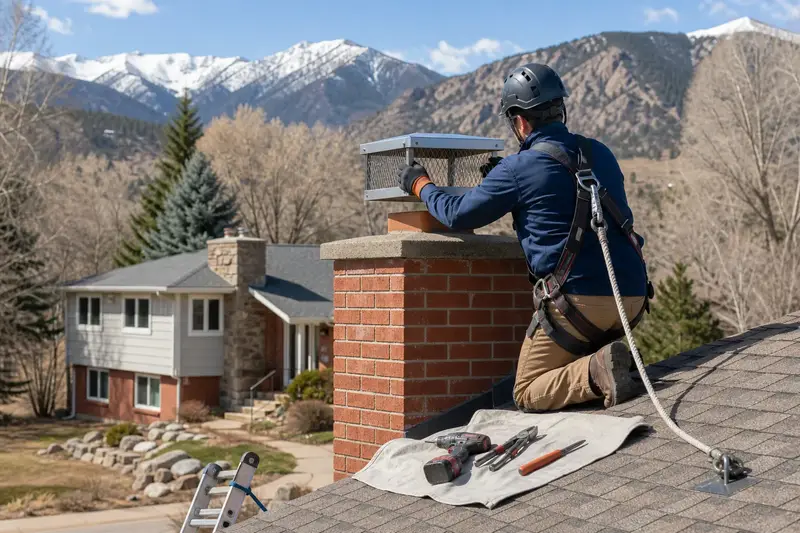 A harnessed technician setting a stainless steel mesh chimney cap onto a red brick chimney with a concrete crown; illustrative image