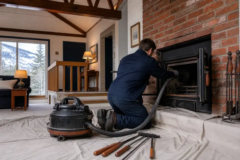 A technician kneeling at a wood-burning insert in a brick opening with a sealed vacuum and drop cloths, the fireplace cold and unlit; illustrative image
