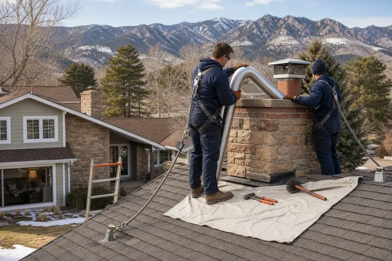Two harnessed technicians feeding a stainless steel liner into a sandstone chimney with a spark arrestor cap from a dry roof; illustrative image