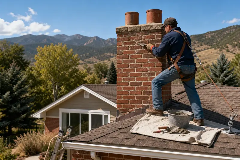 A harnessed mason repointing mortar joints on a two-flue brick chimney on a steep gable roof with a pointing trowel; illustrative image