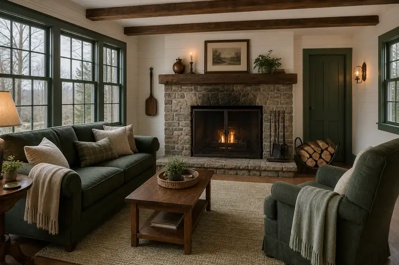 A tidy hearth room with a factory-built wood-burning fireplace with a stone facing, a cleared hearth, fireplace tools and split firewood; illustrative image