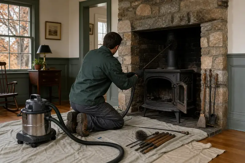 A technician kneeling at a cast-iron wood stove on a stone hearth pad with a sealed vacuum and drop cloths, the fireplace cold and unlit; illustrative image