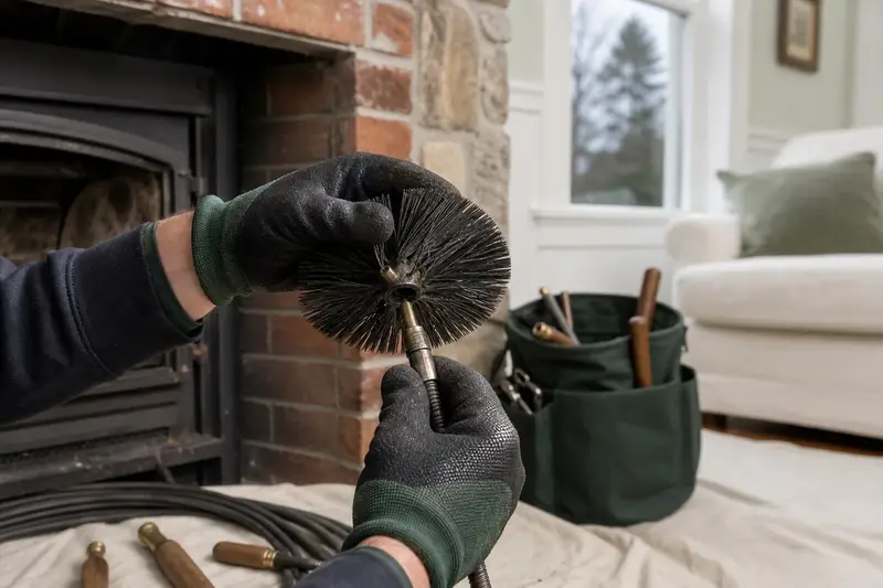 Gloved hands fitting a round wire brush onto a flexible rod at the hearth of a wood-burning insert in a brick opening; illustrative image