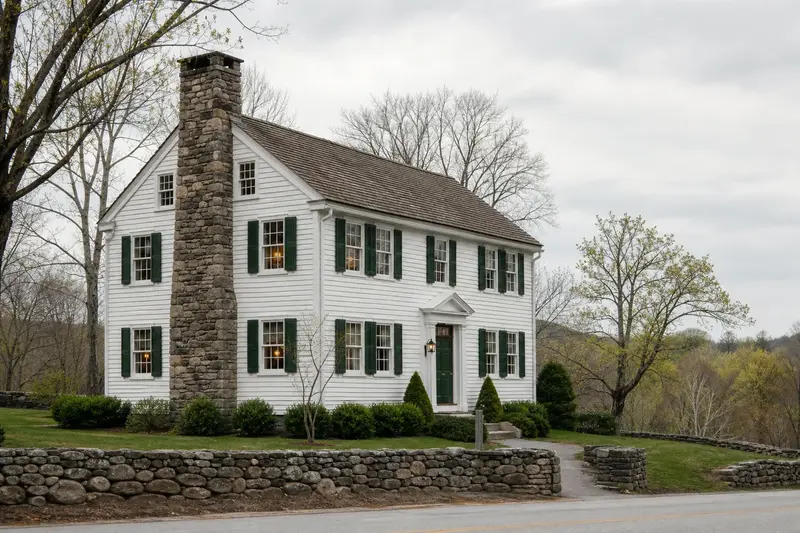 A 1950s white clapboard colonial in soft daylight with a stone masonry chimney standing clear above the roofline; illustrative image