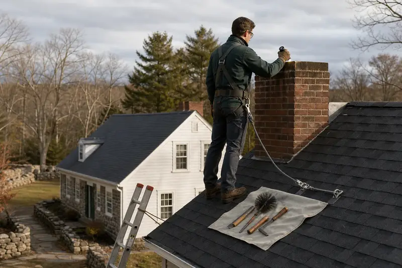 A harnessed technician examining the top of a tall brick chimney on a steep gable roof with a flashlight from a dry roof surface; illustrative image