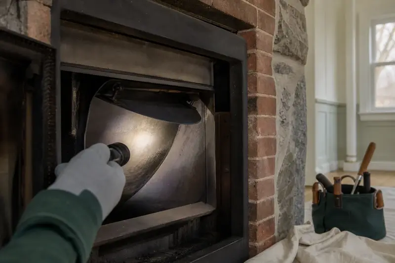 A flashlight beam across the smoke chamber and damper of a wood-burning insert in a brick opening, a gloved hand holding the light; illustrative image