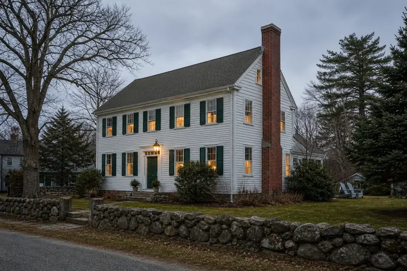 A 1950s white clapboard colonial with a red brick chimney with a concrete crown rising above the roof; illustrative image