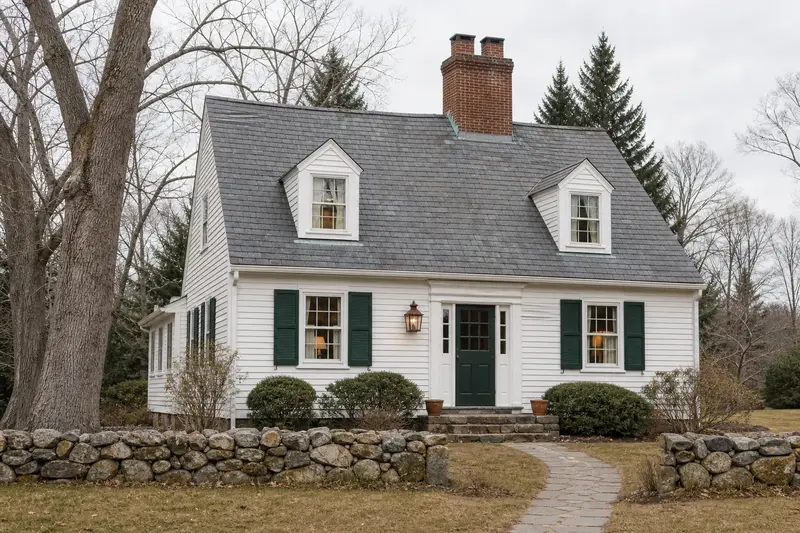 A 1950s Cape-style cottage with a two-flue brick chimney on a slate roof and neat mortar joints; illustrative image
