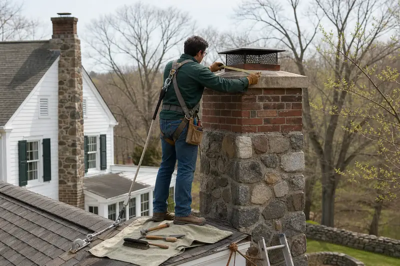 A harnessed mason measuring the crown of a tall brick chimney on a steep gable roof with a folding rule; illustrative image