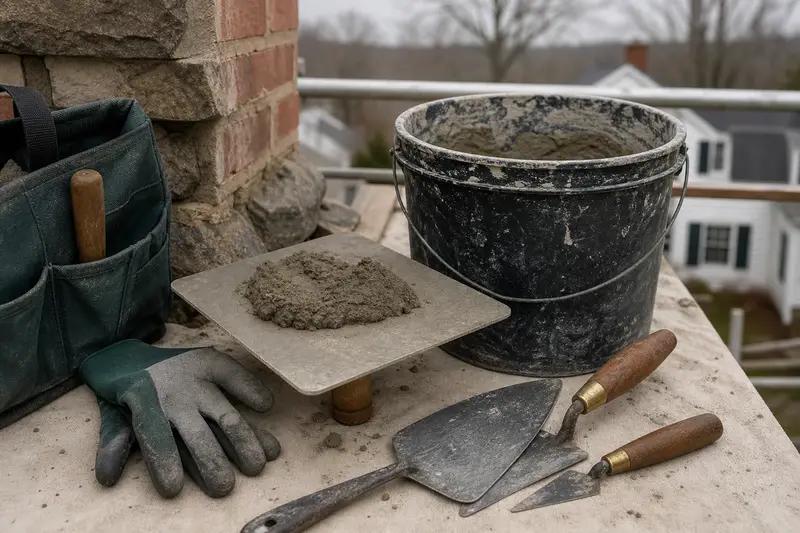 A mortar hawk, trowels and a bucket of mixed mortar set on a roof work platform; illustrative image