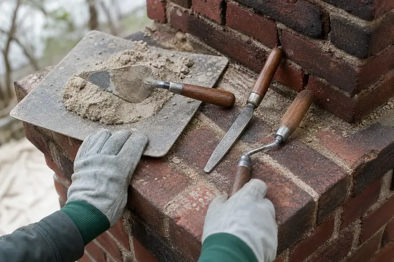 A mortar hawk, pointing trowel and jointer resting on sound brick at a chimney shoulder; illustrative image