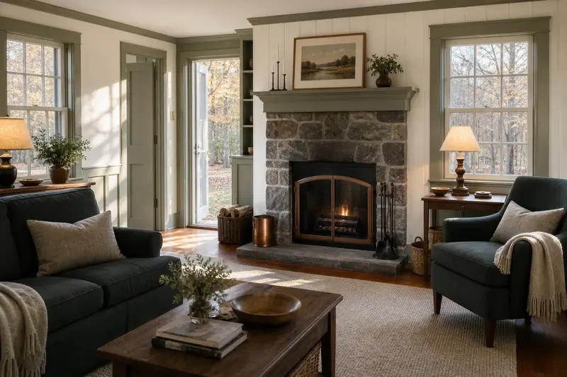 A clean hearth room with a factory-built wood-burning fireplace with a stone facing, glass doors closed, in soft daylight; illustrative image