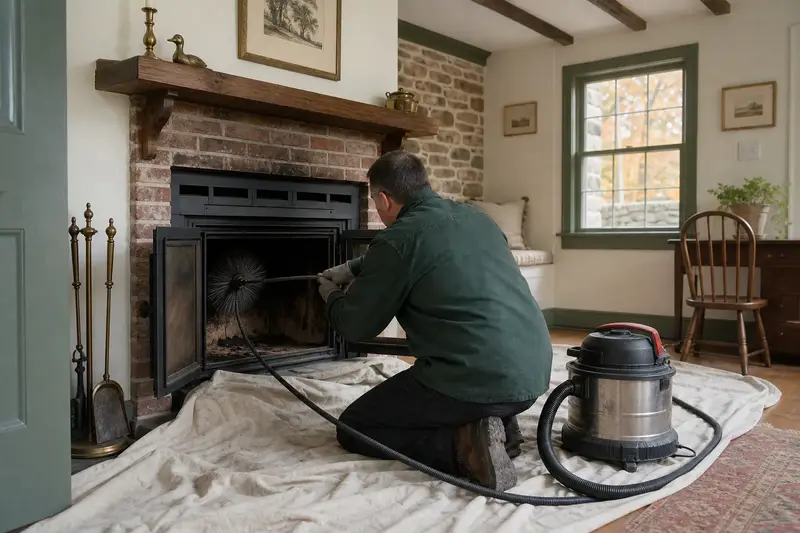 A technician brushing the flue of a wood-burning insert in a brick opening from the firebox, drop cloths and a sealed vacuum in place; illustrative image