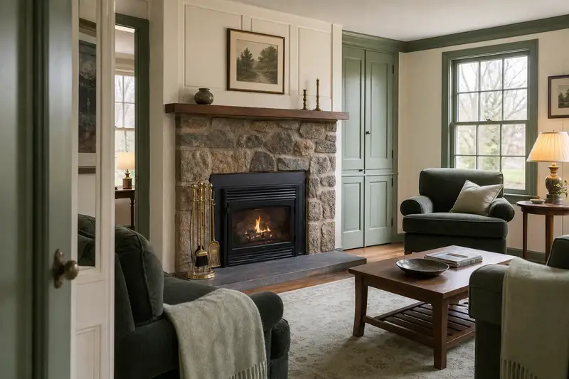 A restored hearth room with a factory-built wood-burning fireplace with a stone facing, a clean hearth and brass fireplace tools; illustrative image