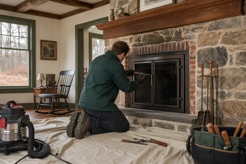 A technician adjusting the glass doors of a wood-burning insert in a brick opening with a hand tool, the fireplace unlit; illustrative image