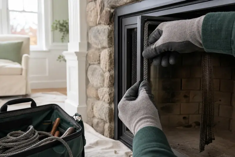 Gloved hands fitting new gasket rope along a fireplace door frame; illustrative image