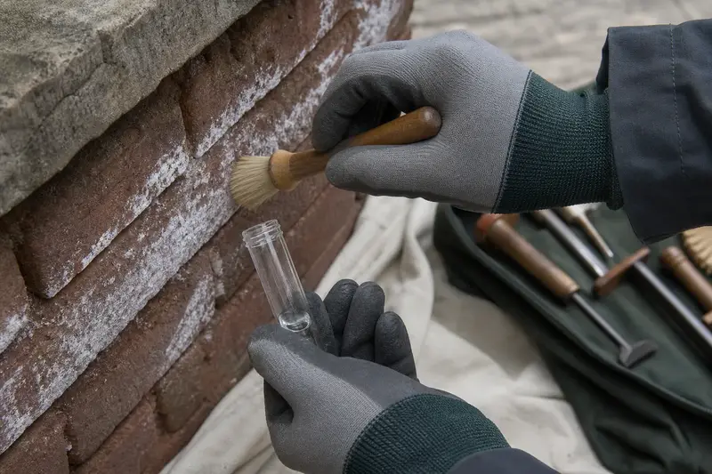Gloved hands testing white efflorescence on a brick face with a soft brush; illustrative image