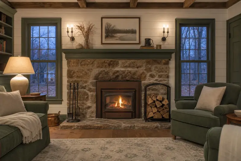 A hearth room with a factory-built wood-burning fireplace with a stone facing, split firewood in a steel rack and a clear hearth; illustrative image