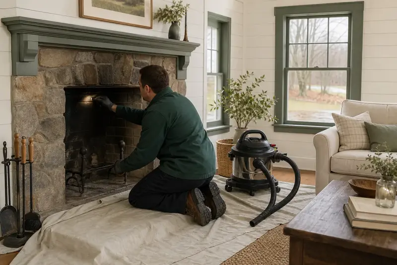 A technician adjusting the damper handle of an open masonry wood-burning fireplace by flashlight, the fireplace cold; illustrative image