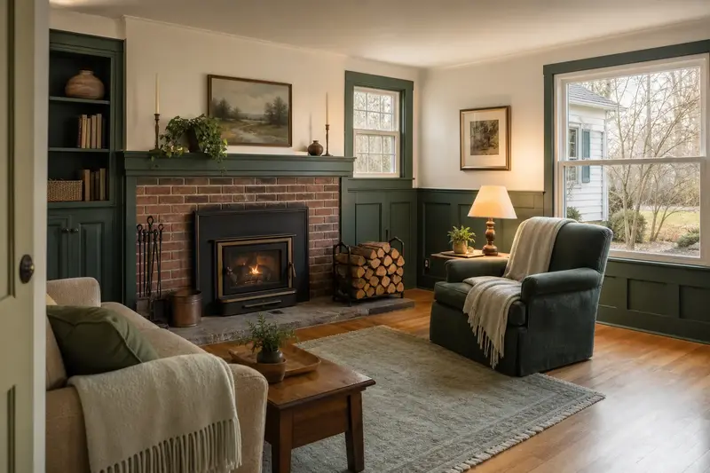A comfortable hearth room with a wood-burning insert in a brick opening, a reading chair, a wool throw and split firewood, no one present; illustrative image