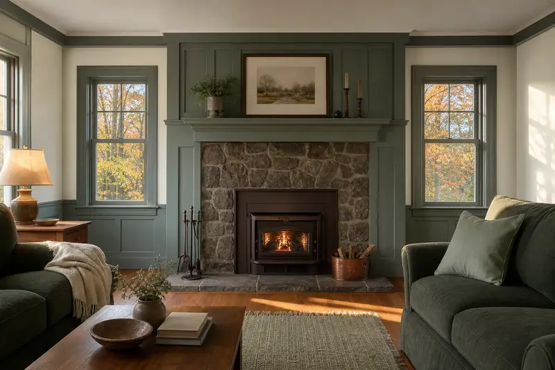 An empty, freshly painted living room with a wood-burning insert in a brick opening awaiting new owners; illustrative image