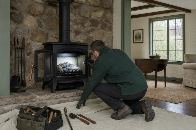 A technician examining the firebox of a freestanding gas stove by flashlight during a pre-purchase visit, the fireplace cold; illustrative image