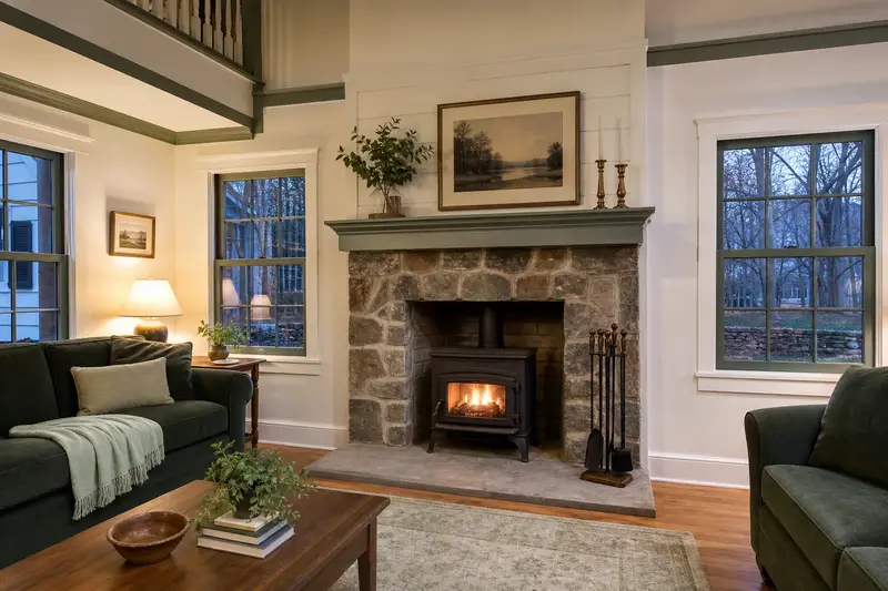 A clean hearth room with a cast-iron wood stove on a stone hearth pad and fireplace tools on a stand; illustrative image