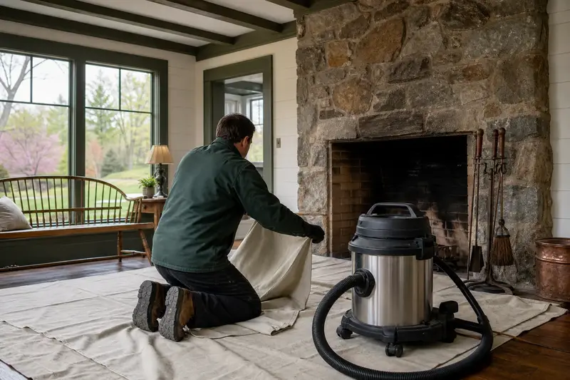 A technician setting drop cloths and a sealed vacuum in front of an open masonry wood-burning fireplace before a cleaning; illustrative image