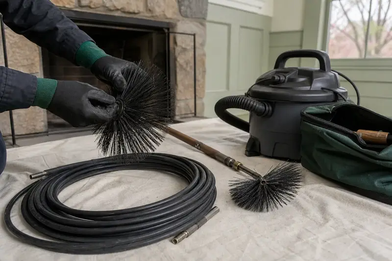 Chimney brushes, flexible rods and a hand vacuum arranged on a canvas drop cloth; illustrative image