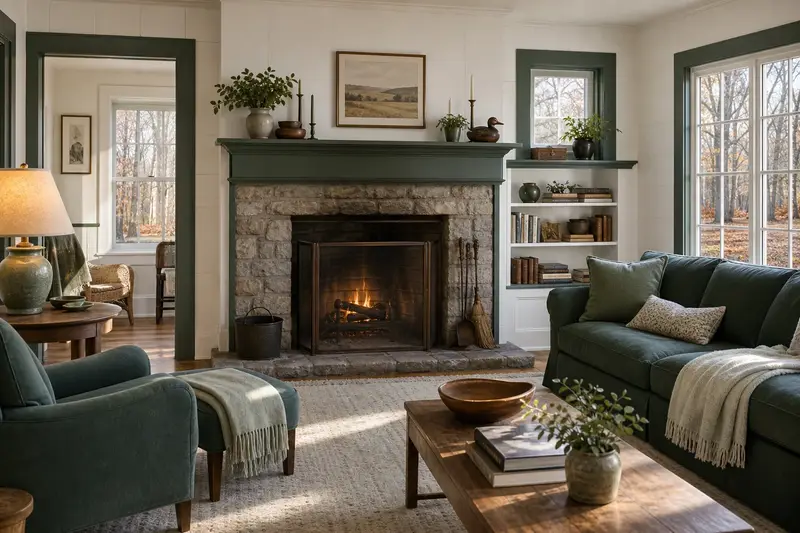 A hearth room with an open masonry wood-burning fireplace, a clear hearth and soft window light; illustrative image