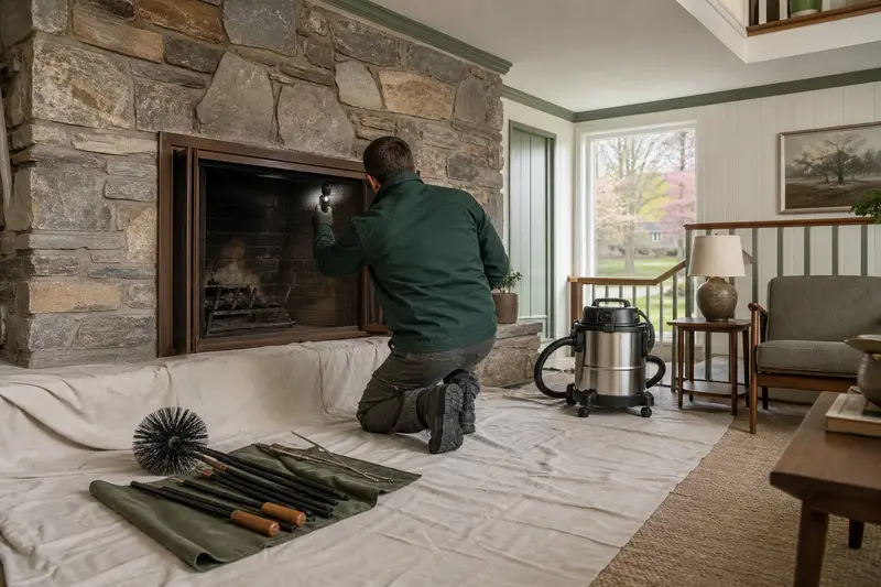 A technician holding an inspection light at a factory-built wood-burning fireplace with a stone facing, a brush kit waiting on the drop cloth; illustrative image