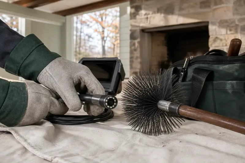 An inspection camera and a rotary chimney brush side by side on a drop cloth; illustrative image