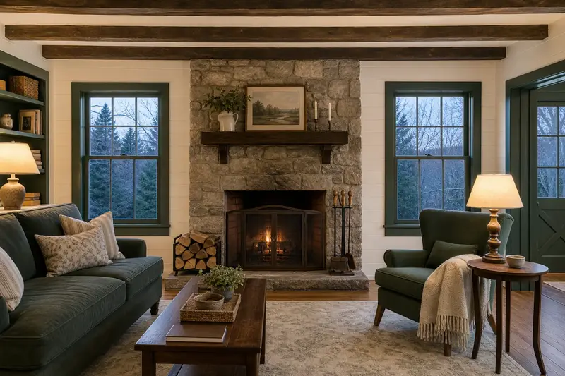 A tidy hearth room with an open masonry wood-burning fireplace, a cleared hearth, fireplace tools and split firewood; illustrative image