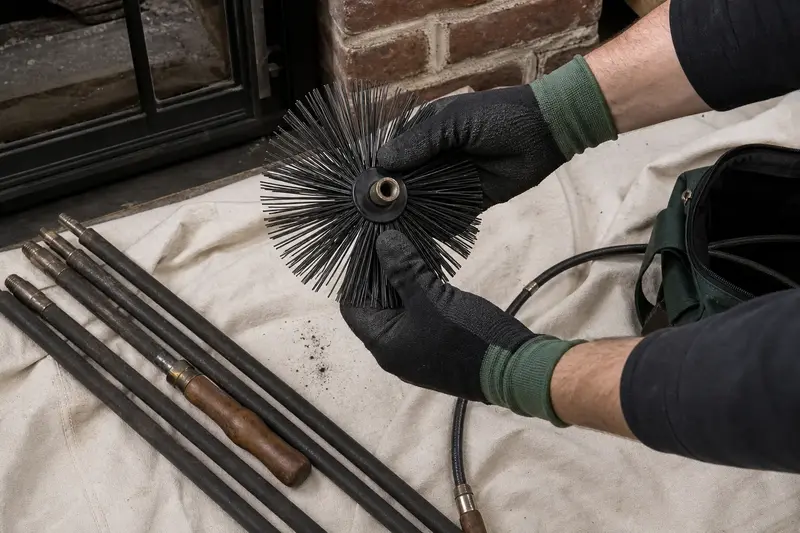A rotary brush head and flexible rods laid on a canvas drop cloth beside a wood-burning insert in a brick opening; illustrative image