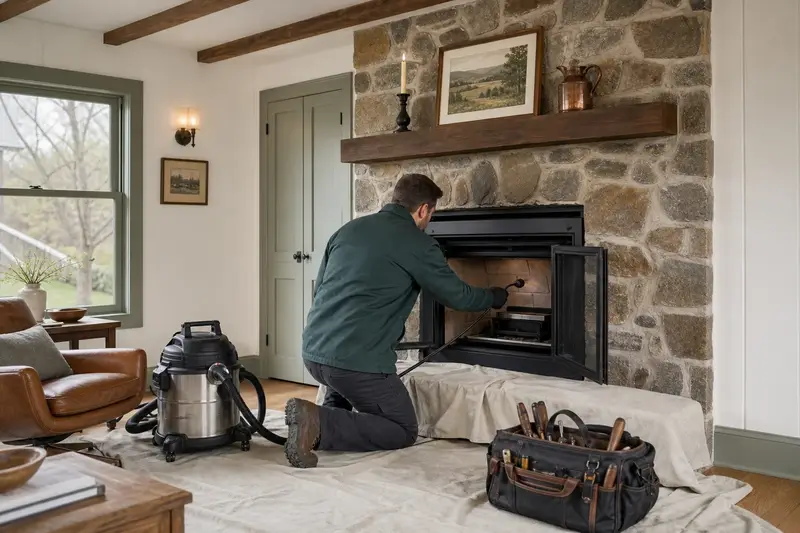 A technician guiding an inspection camera into the firebox of a direct-vent gas fireplace, the fireplace cold and unlit; illustrative image