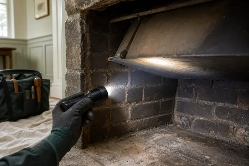 A flashlight beam across the smoke chamber and damper of an open masonry wood-burning fireplace, a gloved hand holding the light; illustrative image