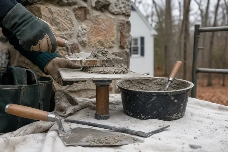 A mortar hawk, trowels and a bucket of mixed mortar set on a roof work platform; illustrative image