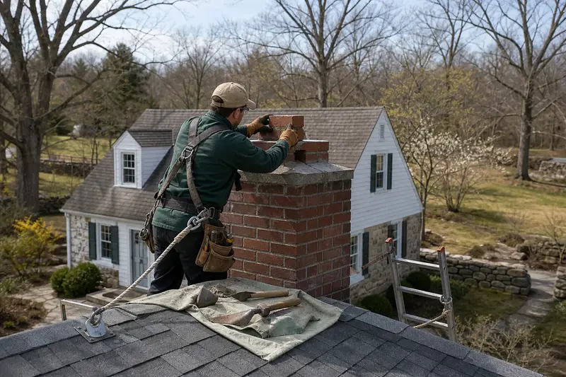 A harnessed mason setting a replacement brick near the top of a red brick chimney with a concrete crown; illustrative image