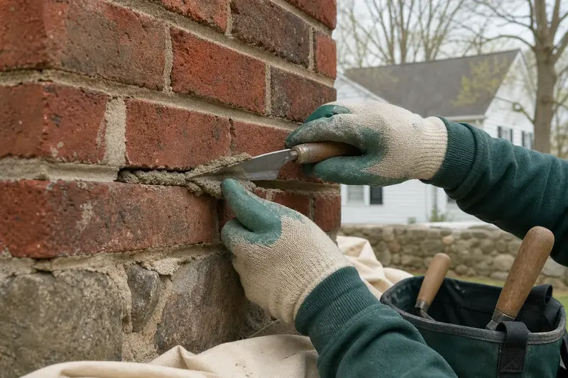 Gloved hands pressing fresh mortar into a raked joint with a tuckpointing trowel; illustrative image