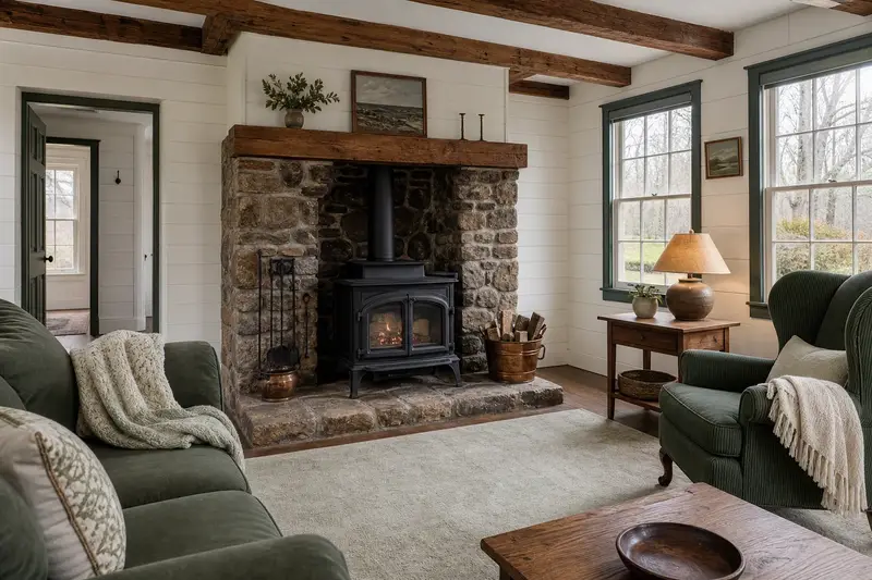 A clean hearth room with a cast-iron wood stove on a stone hearth pad, glass doors closed, in soft daylight; illustrative image