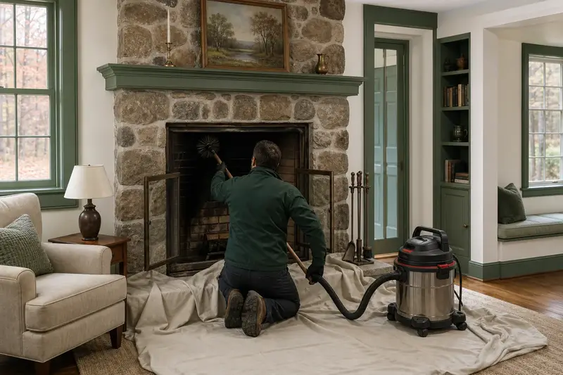 A technician brushing the flue of a factory-built wood-burning fireplace with a stone facing from the firebox, drop cloths and a sealed vacuum in place; illustrative image