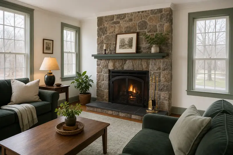 A restored hearth room with a factory-built wood-burning fireplace with a stone facing, a clean hearth and brass fireplace tools; illustrative image