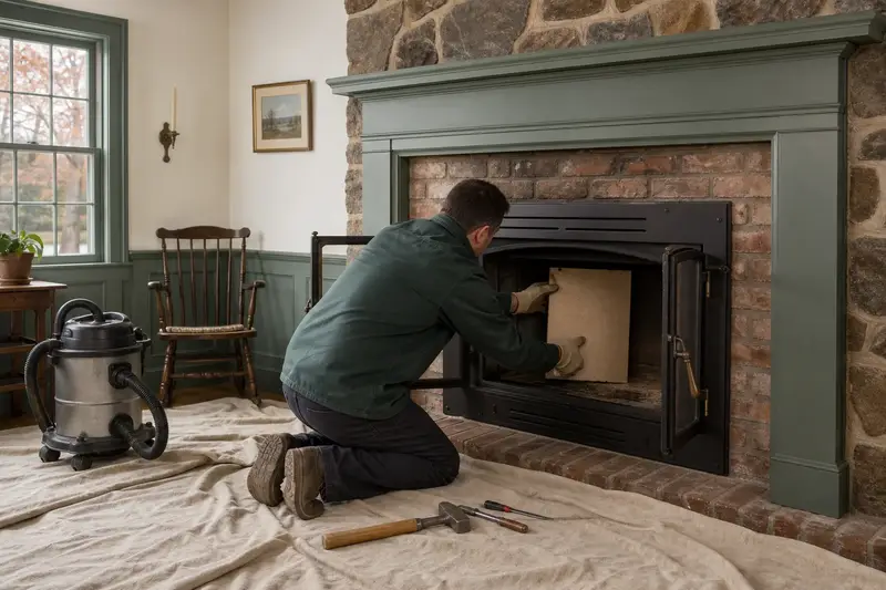 A technician fitting a refractory panel into the firebox of a wood-burning insert in a brick opening, the fireplace cold and unlit; illustrative image