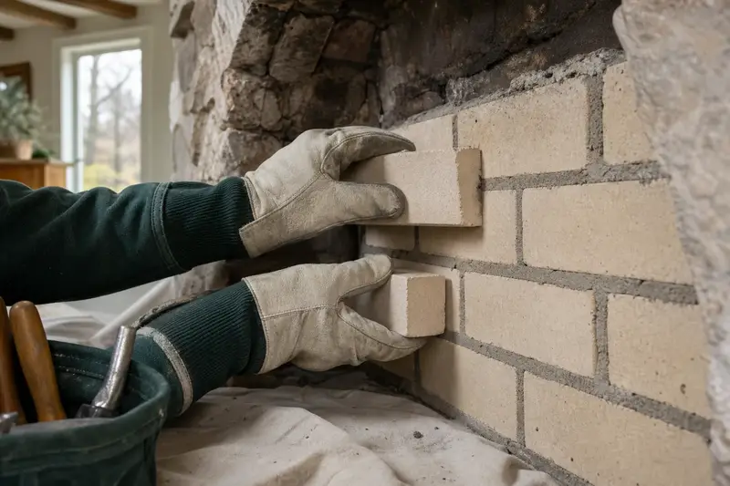 New firebrick and refractory mortar in the back wall of an open masonry wood-burning fireplace, seen up close; illustrative image
