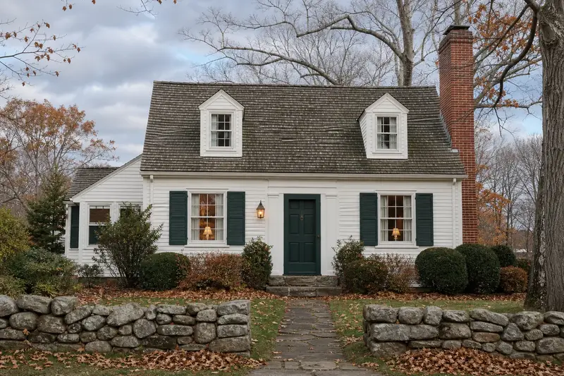 A 1950s Cape-style cottage with a stone masonry chimney of clean red brick; illustrative image