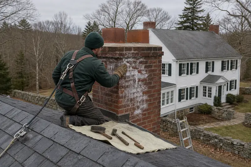 A harnessed technician examining the brick of a two-flue brick chimney on a slate roof in cold weather; illustrative image